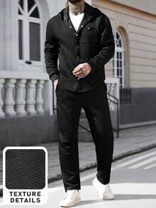 Manfinity CasualCool 男士长袖单排扣口袋纹理连帽衫和裤子休闲套装 - 黑色 - 查看 5