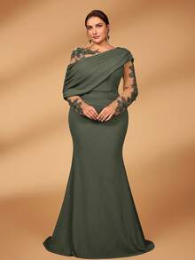 Serin 大码优雅浪漫奢华弹力针织撞色网纱不对称荷叶边修身鱼尾连衣裙，适合晚宴、约会、舞会、度假、婚礼、新娘礼服、母亲礼服、情人节等场合。 - 軍綠色 - 查看 5