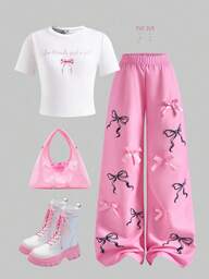 SHEIN ChillGRL Set de 2 piezas con camiseta de manga corta con eslogan y pantalones anchos de pierna ancha informal para niñas preadolescentes en verano