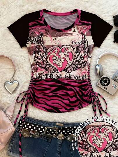 Glimmora Y2K Cute 2000s Pink Angel Heart Print Black & Grey Striped One Shoulder Short Sleeve T-Shirt For Women, Suitable For Back To School Season, Gift For Sisters