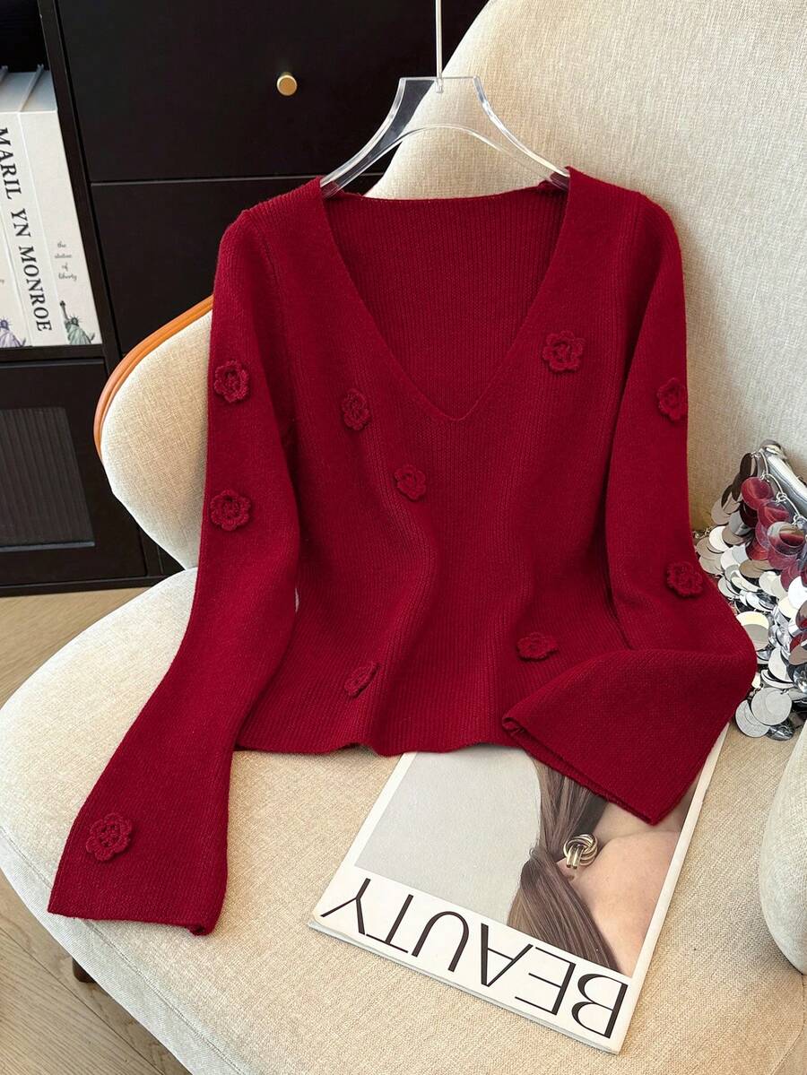 SHEIN LUNE 法国手工3D立体花卉针织毛衣 - 酒紅色 - 查看 1