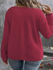 EMERY ROSE Women's V-Neck Layered Leopard Print Long Sleeve Plus Size Sweatshirt, Autumn/Winter - Burgundy - View 2