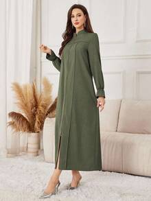 Yasmyna 紫色休闲宽松拉链长袍，女士款，秋冬款 - 軍綠色 - 查看 3