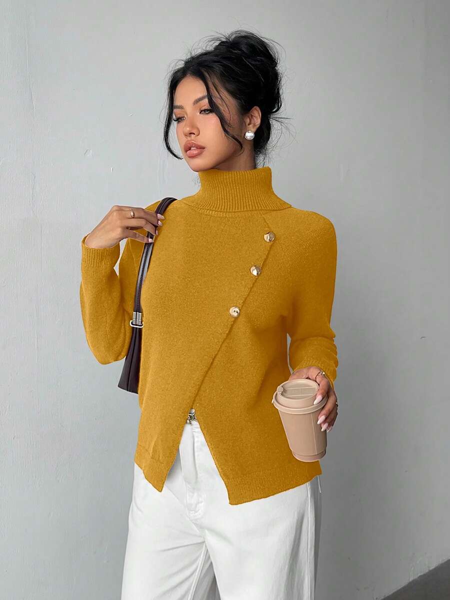 SHEIN Elenzya 女士优雅高领针织套头衫,金属纽扣装饰,纯色长袖圣诞红毛衣,秋冬款 - 黃色 - 查看 1