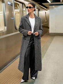 SHEIN Tall Women's Herringbone Pattern Lapel Collar Long Sleeve Long Overcoat, Autumn/Winter,Fall - Grey - View 3