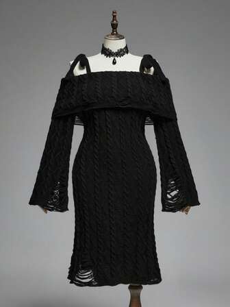 Goth 1pc Plus Size Women Shoulder Ripped Design Shoulder Strap Bodycon Dress/Winter