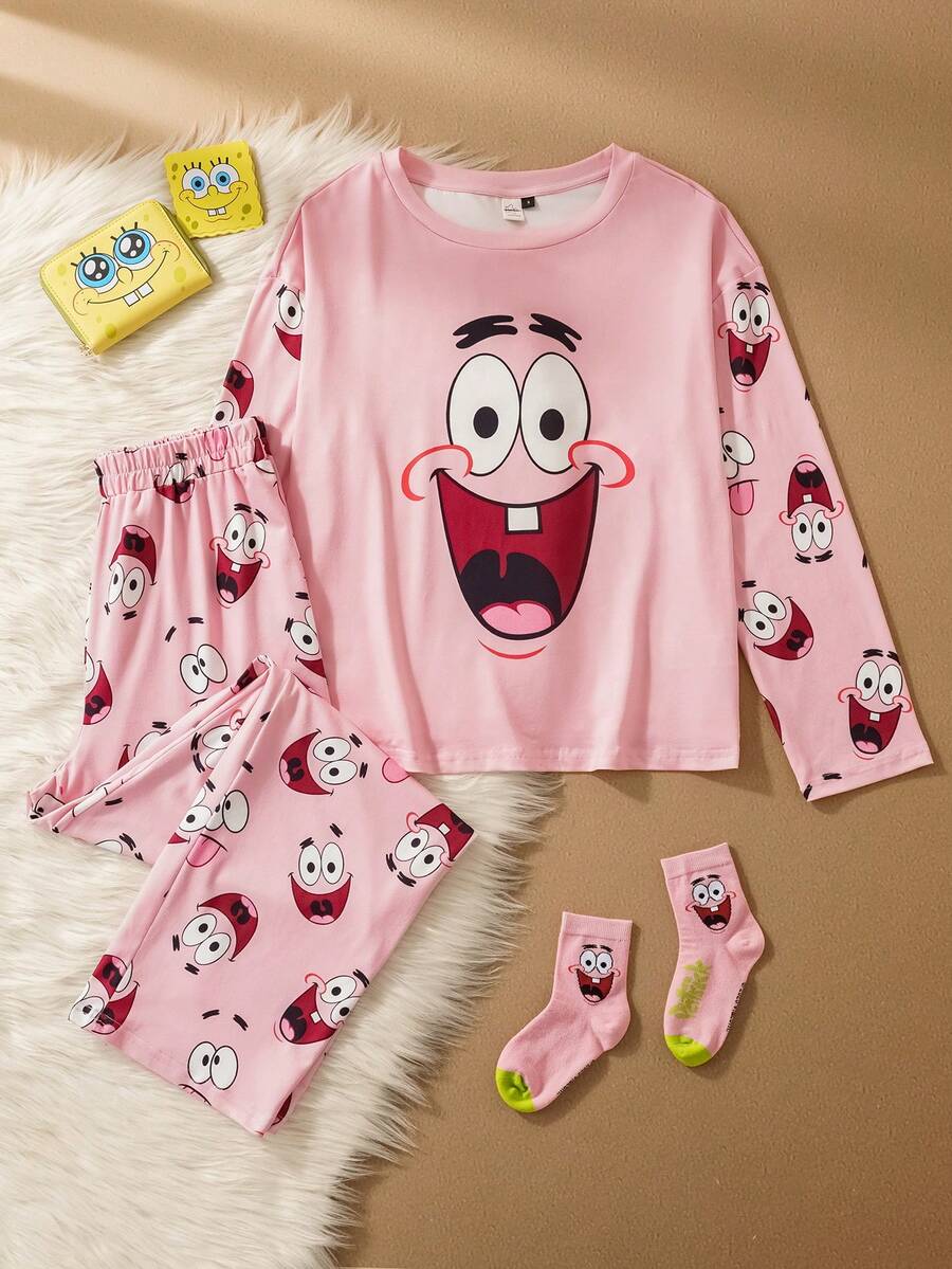 SpongeBob SquarePants | SHEIN Women's Cute Cartoon Graphic Loose Long Sleeve Top And Pants Pajama Set, Spring/Autumn (Socks Not Included), Winter Clothes