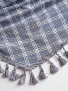 Sweetra 法式复古性感格纹流苏蝴蝶结露脐抹胸上衣 - 霧霾藍 - 查看 6