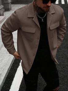 Manfinity Homme 男士纯色时尚简约前扣翻领衬衫式夹克棕色纽扣男士摩卡色飞行员夹克男士衬衫式夹克男士休闲夹克 - 咖啡棕 - 查看 4