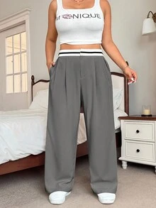 SHEIN EZwear Plus Size Summer Color Block Pocket Casual Wide Leg Pant Graduation,Back To School,Teacher In Fall/Winter - Grey - View 4