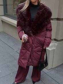 Aloruh Abrigo acolchado de longitud media con cuello de piel sintética para mujer, abrigo de invierno color vino tinto, abrigo burdeos, estilo "Old Money", elegante para ir al trabajo, casual de negocios, invierno, otoño - Burdeos - Ver 7