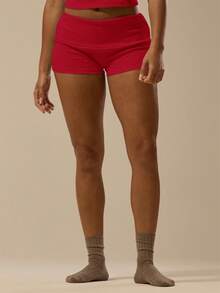 MUSERA ESSENTIALS Rib Fold Over Waist Mini Shorts Basic Spring Summer Vacation Holiday Valentines Day Spring Summer - Red - View 3