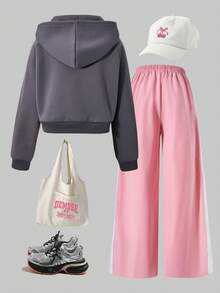 SHEIN ChillGRL 2件套青少年女孩休闲保暖连帽衫和阔腿裤套装 - 彩色 - 查看 2