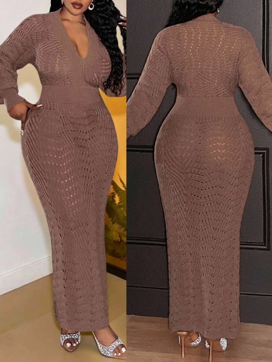 Slaydiva Nuevo vestido de punto maxi elegante de manga larga con cuello en V profundo, cinturón y ajuste ceñido en color marrón sólido para uso en ocasiones formales, fiestas nocturnas y uso casual, tallas grandes, vestido marrón para mujer, vestidos de mujer de otoño e invierno, vestido maxi ajustado de manga larga elegante, vestido maxi de malla elegante, conjunto elegante de 2 piezas, vestido Slay Diva - Marrón - Ver 1