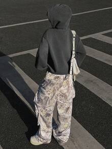 SHEIN Glowzi Teen Girls Casual Daily Fashion Hooded Grey NYC Letter & Dried Leaf Print Cargo Pants Set - Dark Grey - View 2