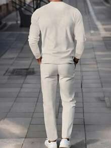 Manfinity Homme A117 Men's Casual Solid Color Beige Long Sleeve T-Shirt Set Casual Two Piece Set Men Cream Outfit Men Men 2 Piece Sweatsuit Mens 2 Piece Outfits White Men Joggers Suit - Beige - View 2