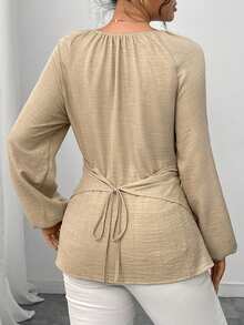 Elenzga 女式串珠裹身式收腰衬衫，秋冬 - 卡其色 - 查看 3