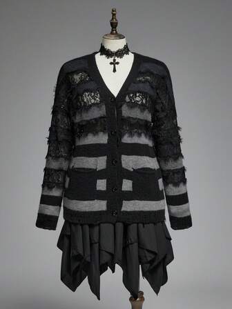 Plus Size Women Gothic Ombre Striped Lace Patchwork Distressed Hem Loose Cardigan/Winter