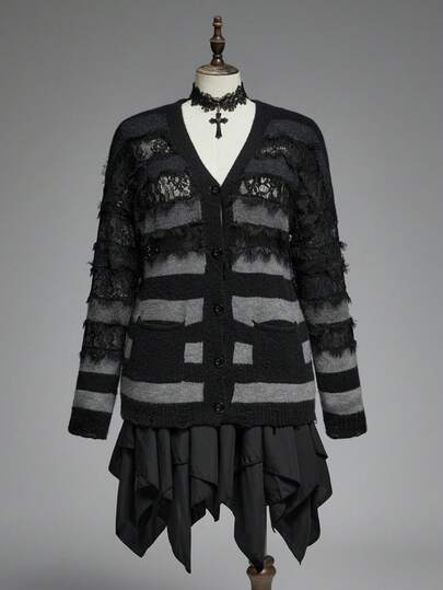 Goth Cardigan oversize da donna in stile gotico con motivo a righe sfumate, inserti in pizzo e orlo sfilacciato