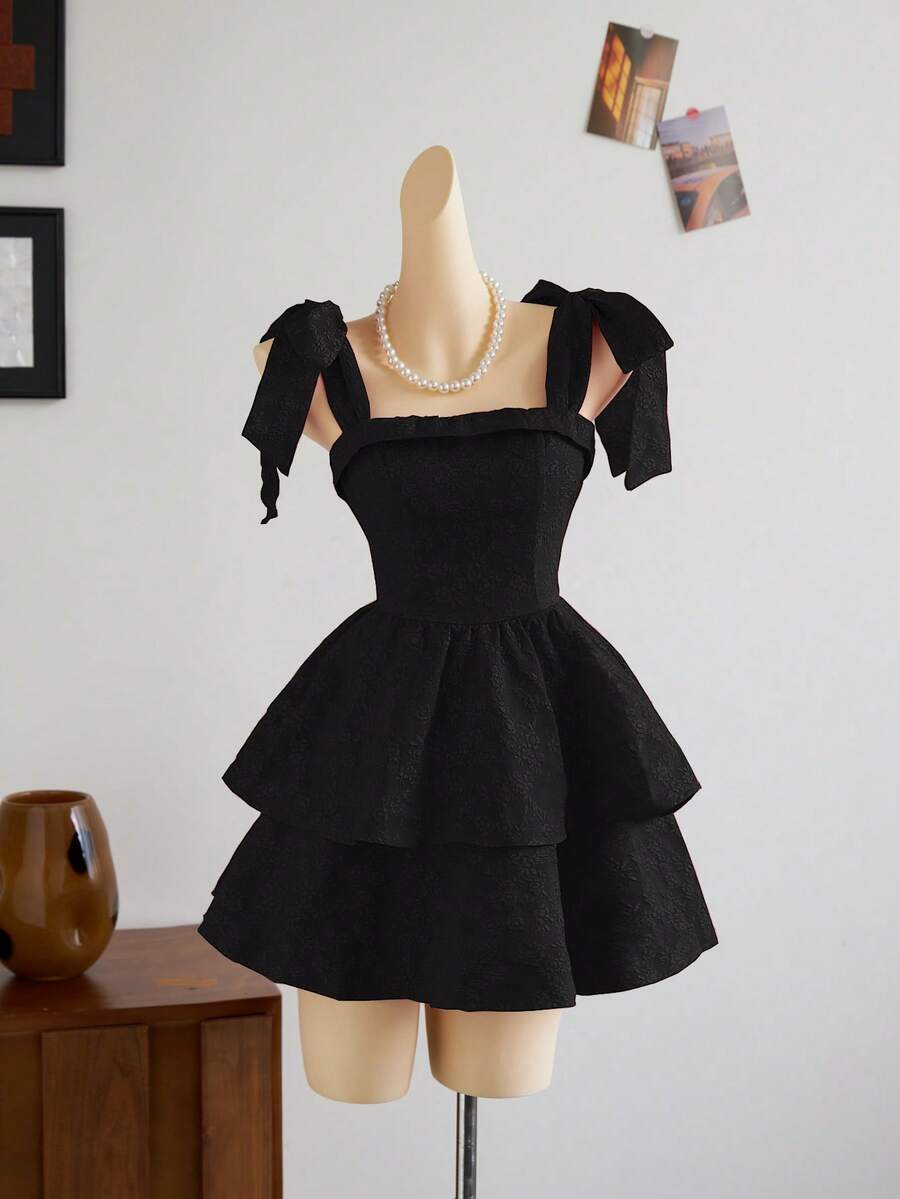 Elamini Women's Jacquard Fabric Tie Shoulder Knot Waist Splice Ruched Double-Layer A-Line Mini Dress - Black - View 1