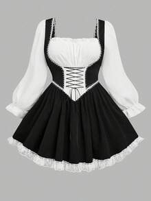 Sweetra Plus Size Diamond Collar Ruffle Waist A-Line Ruched Ruffle Hem Long Sleeve Dress, Suitable For Dates - Black and White - View 1