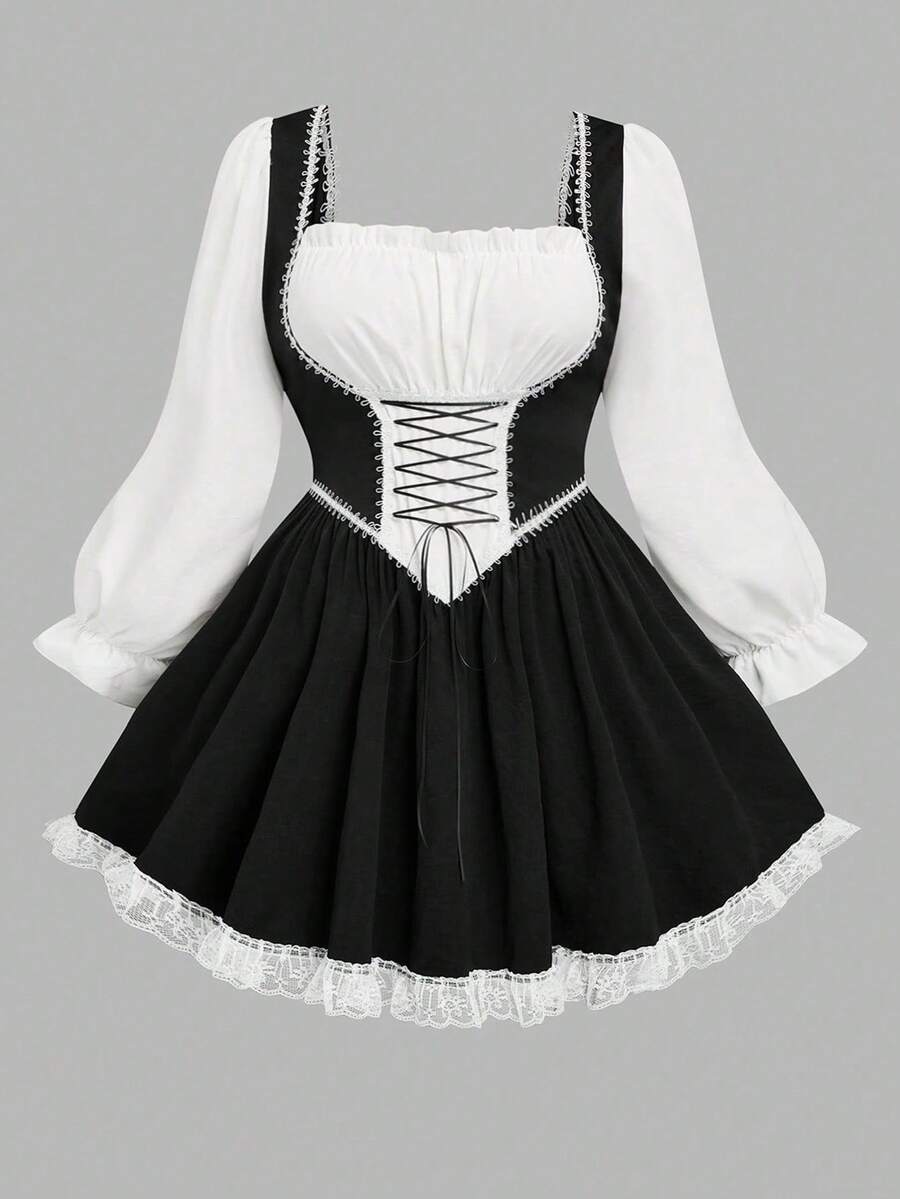 Sweetra Plus Size Diamond Collar Ruffle Waist A-Line Ruched Ruffle Hem Long Sleeve Dress, Suitable For Dates - Black and White - View 1