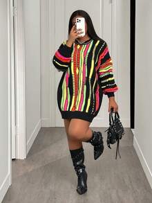Slaydiva 秋冬新品，音乐节，复活节，西部风，游牧风，生日派对，日常休闲，百搭基础款，休闲，邮轮旅行，海滩，日光浴，爆款，街头风，朋克，夜店，黑色底彩色条纹波浪，长袖高领亮面纱线宽松大码毛衣连衣裙，非洲印花女装，非洲服饰，户外烧烤女装，六月节女装，牙买加服饰 - 彩色 - 查看 10