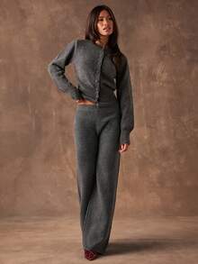 SHEIN BAE Bộ 2 áo khoác cardigan trơn màu và quần len thường ngày, Thu/Đông - Màu xám đen - Xem 3