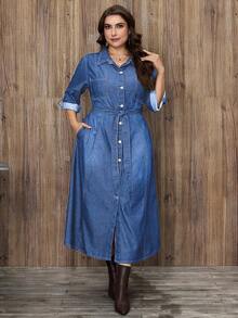 EMERY ROSE Plus Size Women Elegant Belted Denim Dress - Light Wash - View 5