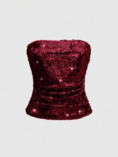 ROMWE Avant Women's Solid Color Pleated Glamorous Fashion Sequin Embellished Bandeau Top