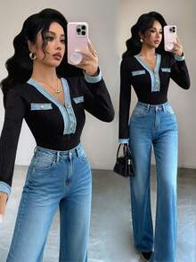 Rafferiza 女士黑色牛仔蕾丝拼接V领性感长袖T恤 - 黑色 - 查看 1