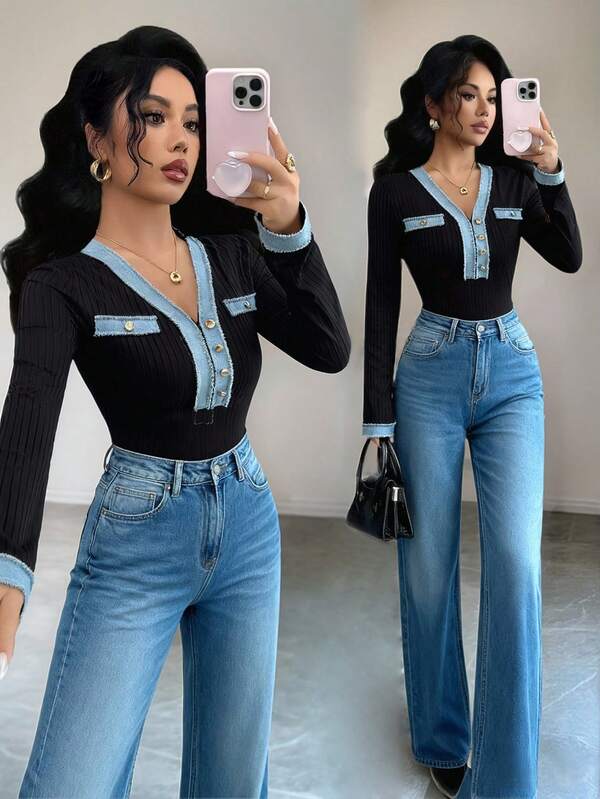Rafferiza Camiseta de manga larga sexy con cuello en V, parches de encaje y denim negro para mujer
