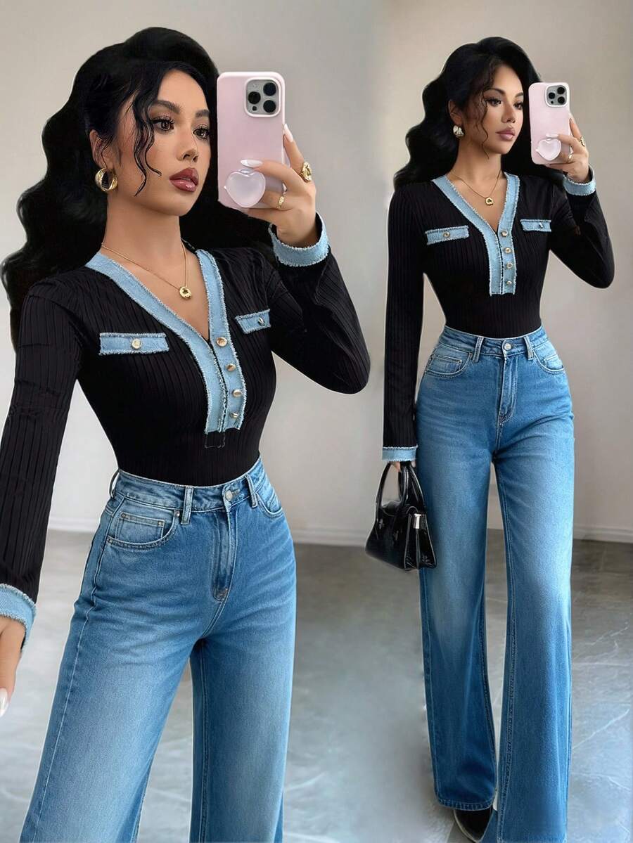 Rafferiza 女士黑色牛仔蕾丝拼接V领性感长袖T恤 - 黑色 - 查看 1