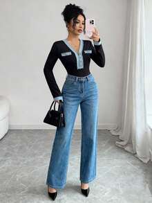 Rafferiza 女士黑色牛仔蕾丝拼接V领性感长袖T恤 - 黑色 - 查看 5