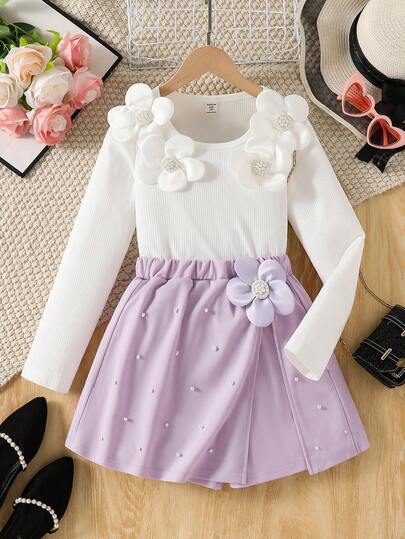 SHEIN Explorewe 2 piezas Conjunto de ropa casual de moda para niña preadolescente, blusa de manga larga con adornos florales y falda pantalón deportiva versátil, adecuado para Halloween, Navidad, otoño/invierno