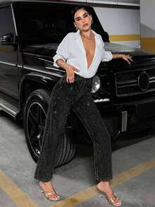 SHEIN Tall 黑色 100% 纯棉高腰珍珠修身直筒牛仔裤 - 黑色 - 查看 4