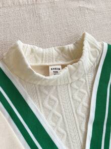 Joliand Joliand 1pc Tween Girls Elegant School-Style Casual Urban Green & White Striped Decor V-Neck Light Khaki Mock Neck Long Sleeve Patchwork Green Ribbed Knit Dress, Suitable For Outings, Sports, Back To School, Autumn/Winter,Fall Outfits,Fall Clothes For Kids,Winter Clothes ,Winter Clothes For Kid,ElegantCasual - Multicolor - View 4