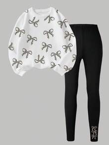 SHEIN ChillGRL 2pcs/Set Girls Casual Butterfly Print Fleece Crew Neck Long Sleeve Sweatshirt And Leggings Set, Winter, Holiday Outfits - Grey - View 5