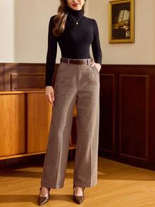 Vintamour 复古优雅女士长裤，带口袋和腰带，千鸟格图案羊毛休闲工作度假套装裤，冬季女士圣诞女士新年女士新年棕色裤子千鸟格裤 - 棕色 - 查看 7