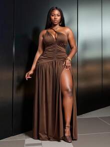 Slaydiva 2025 春夏新品 音乐节、复活节、西部风、游牧风、生日派对、毕业典礼、学院风、学生风、日常休闲、基本百搭、休闲、度假、邮轮旅行、海滩、日光浴、网络热播、街头潮流、婚礼宾客波西米亚风、通勤、早午餐、机场、Y2K、乡村复古、节日、新年、情人节、优雅浪漫性感派对深 V 领露背开衩 A 字长裙 - 棕色 - 棕色 - 查看 11