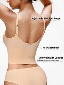 SHAPORA 一件装女士无缝塑形吊带背心，带模压罩杯，提拉收腰，前扣设计，可外穿 - 杏色 - 查看 2