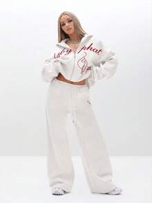 BABYPHAT Quần nỉ ống rộng in chữ, mặc ở nhà, quần nỉ có dây rút ở eo, quần thường ngày thoải mái, dễ chịu mỗi ngày - Màu Xám nhạt - Xem 4