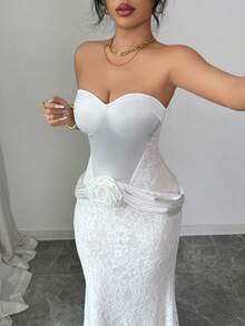 Selianne Satin Strapless Formal Dress, Lace Waist Cincher, Fishtail Hem, Sexy French Elegant Luxurious Party/Date Dress, Slim-Fitting White Gown With Satin Ribbon, Floor-Length Dress