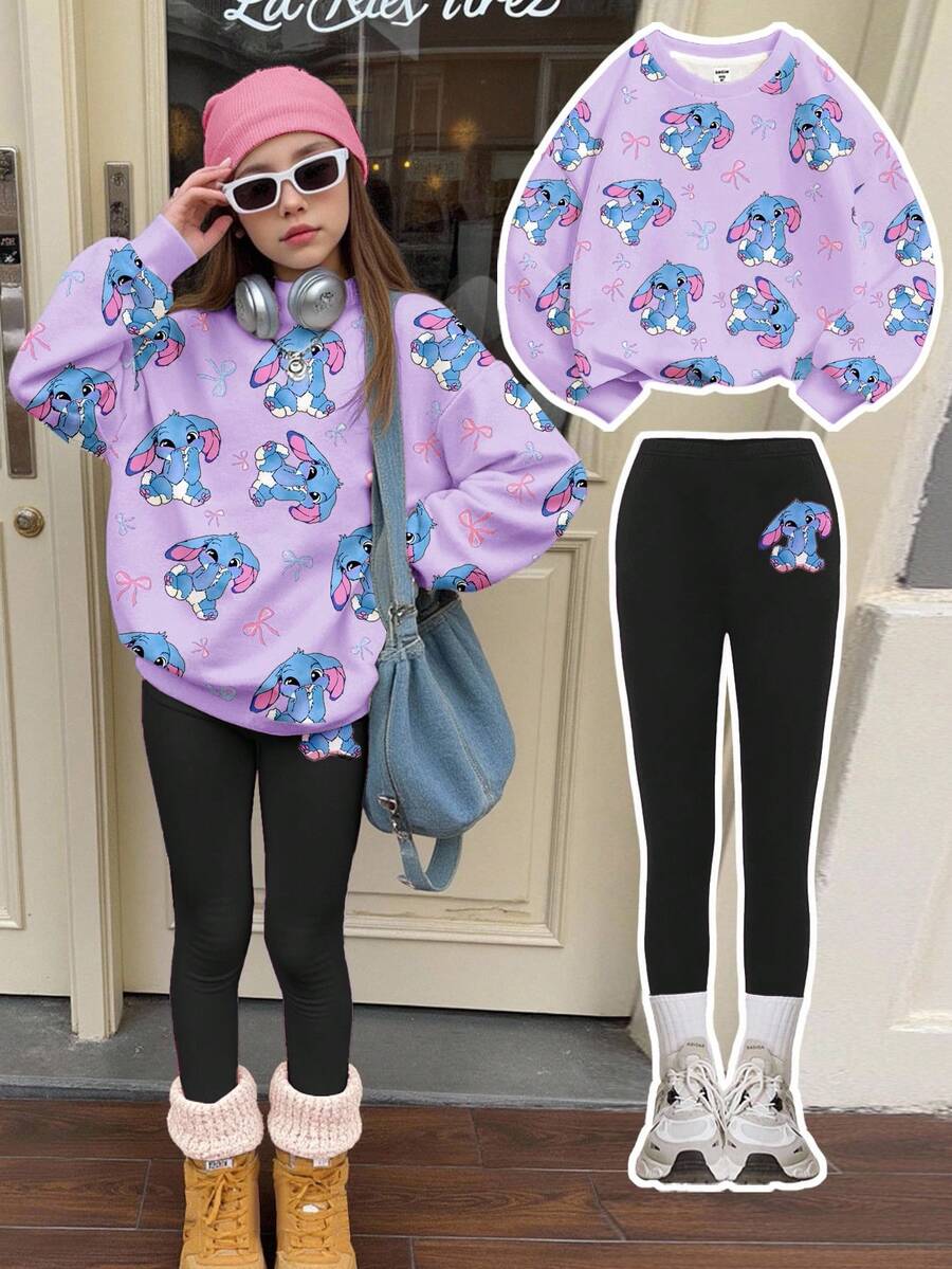 SHEIN Leap Crew 两件套少女可爱卡通蓝色兔子、蝴蝶结、史迪奇图案柔软圆领长袖卫衣和打底裤,秋冬套装 - 彩色 - 查看 1