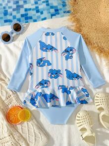 SHEIN 女婴连体防晒泳衣，外星狗印花长袖拉链泳衣，可爱荷叶边装饰 女婴长袖泳衣 女婴防晒泳衣 女婴防晒泳衣 女婴防晒泳衣 儿童泳装 - 藍色 - 查看 3