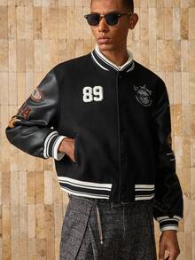 AKNOTIC 男士数字刺绣长袖单排扣休闲棒球夹克 - 黑色 - 查看 5