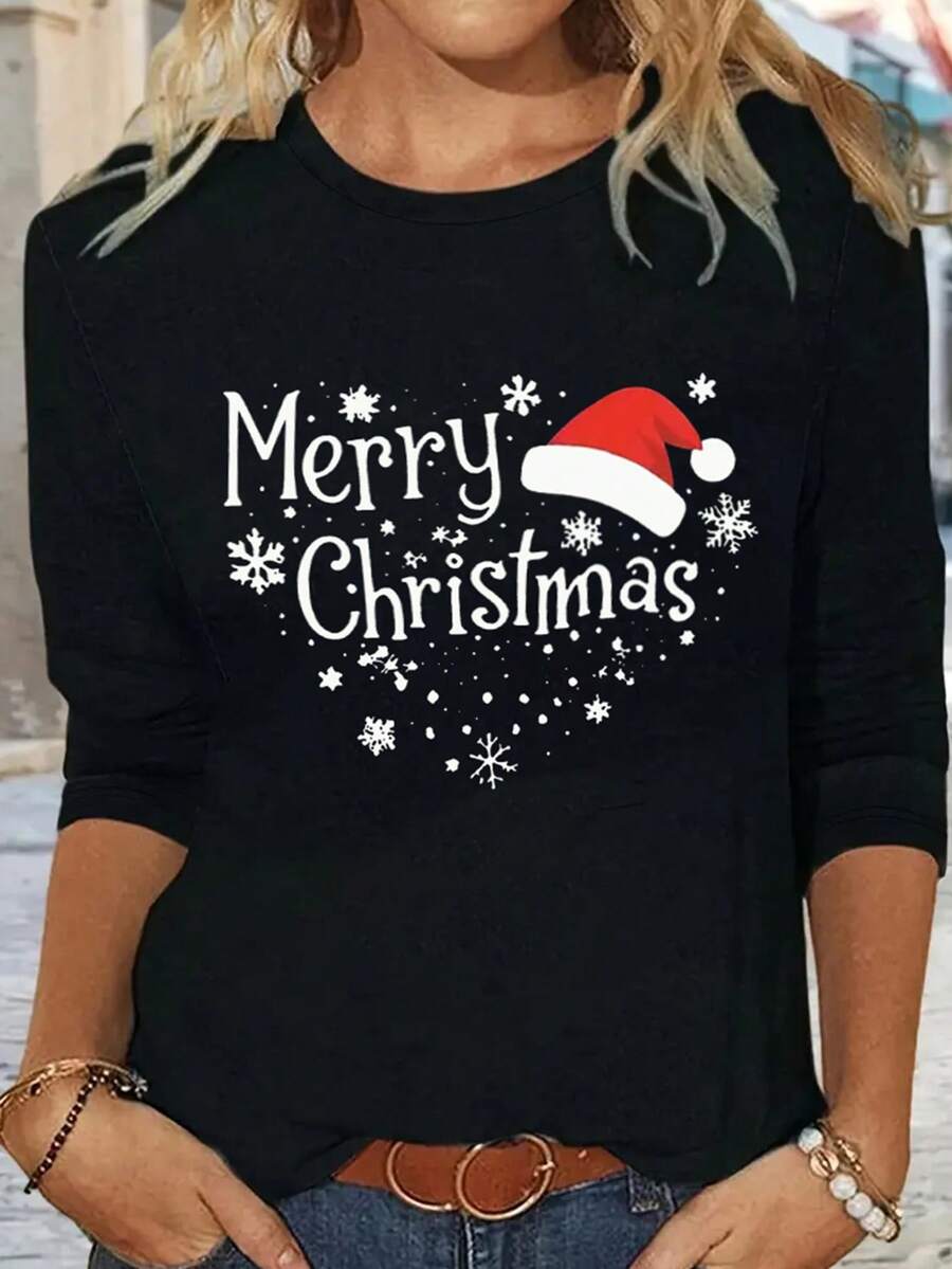EMERY ROSE Christmas Santa Hat & Slogan Print Round Neck Short Sleeve Fashionable Plus Size T-Shirt - Black - View 1