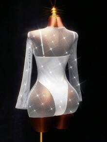 Amplova 女士白色亮片透视网纱罩衫，缎面低胸性感连体衣，女士套装 - 白色 - 查看 6