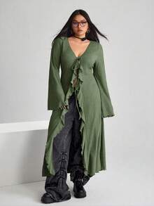 SHEIN ICON ICON 大码女式V领系带喇叭袖针织上衣 - 軍綠色 - 查看 4