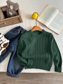 SHEIN LMoss Kids 男童时尚休闲学院风可爱学院风基础款超柔软舒适毛衣 - 墨綠色 - 查看 2